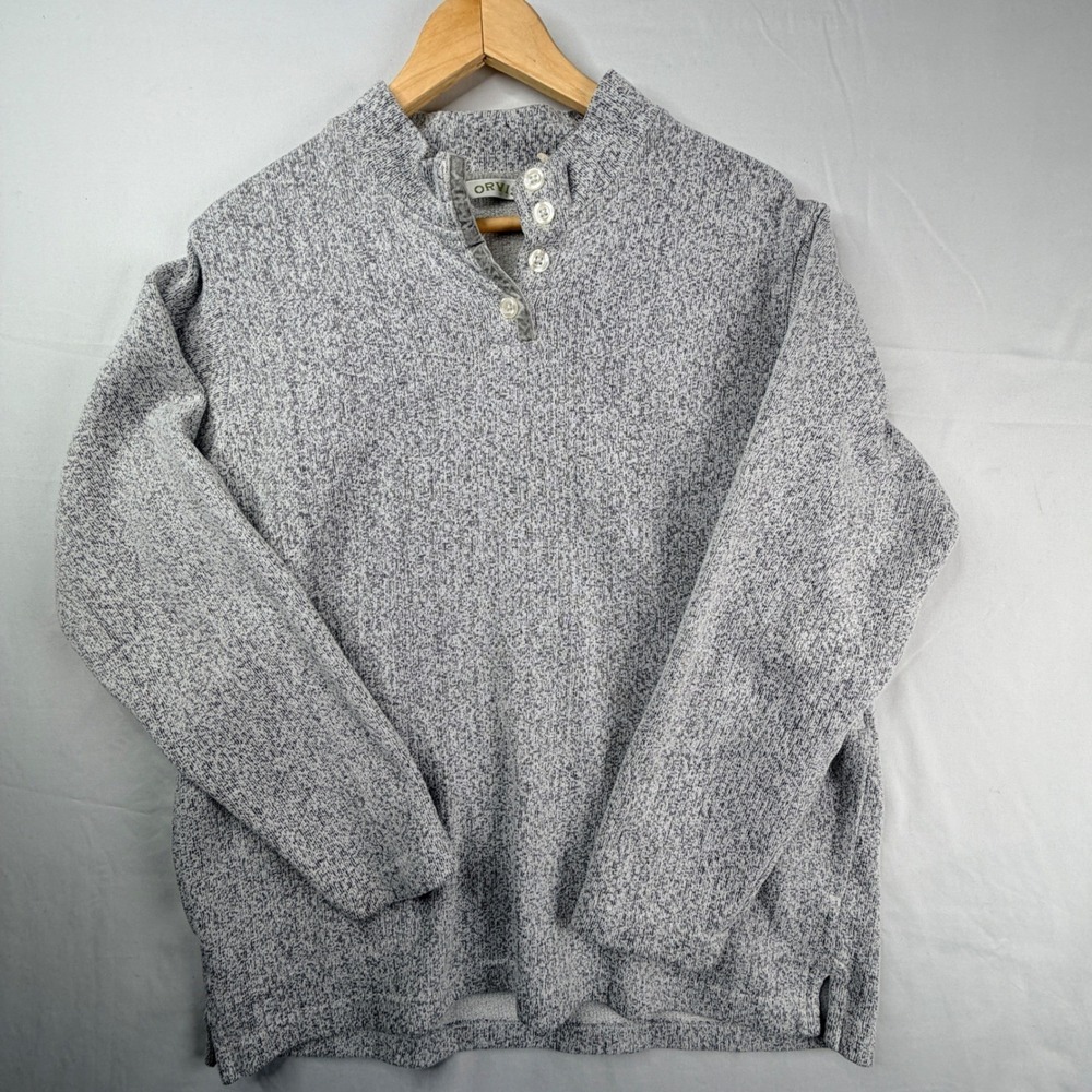 Orvis Mens Grey Marl Mock Neck Button Placket Pullover Sweater Size Medium